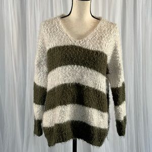 Green and White Striped Cozy Sweater